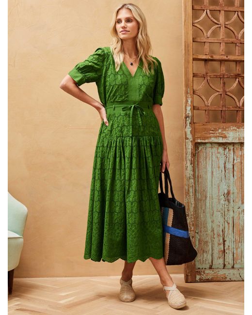 Brora Green Organic Cotton Broderie Anglaise Midi Dress