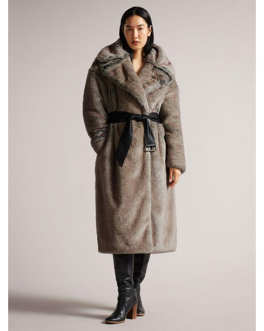 Ted Baker Natural Aubriaa Faux Fur Longline Belted Coat