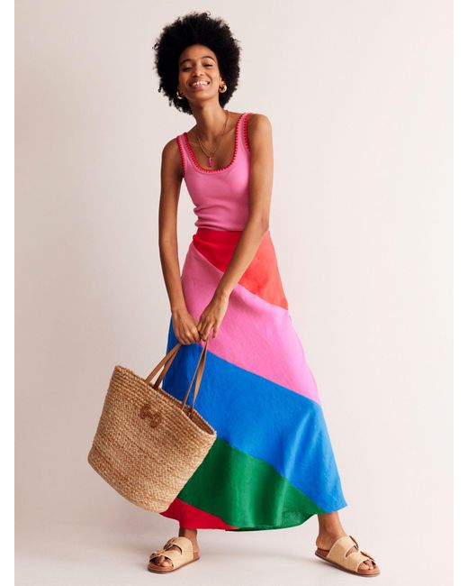 Boden Multicolor Linen Patchwork Bias-cut Maxi Slip Skirt