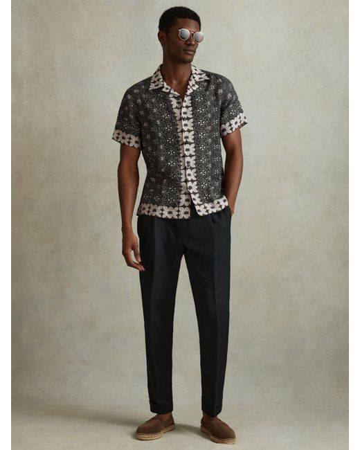 Reiss Multicolor Pantain - Black Multi Linen Printed Cuban Collar Shirt for men