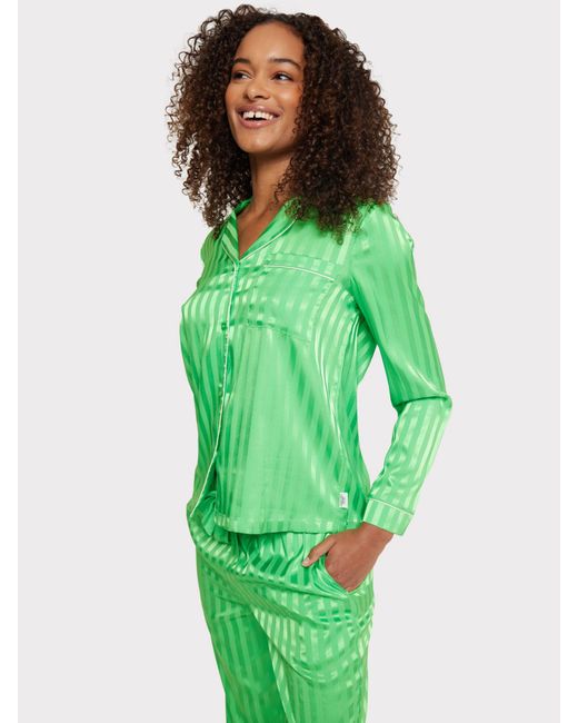 Chelsea Peers Green Satin Jacquard Stripe Long Pyjama Set