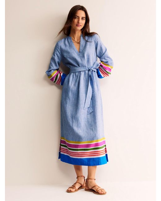 Boden Blue Linen Blend Notch Neck Maxi Dress