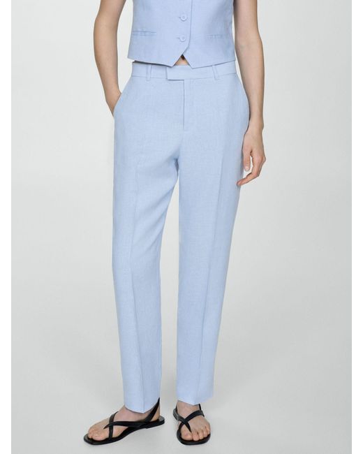 Mango Blue Boreli Linen Trousers