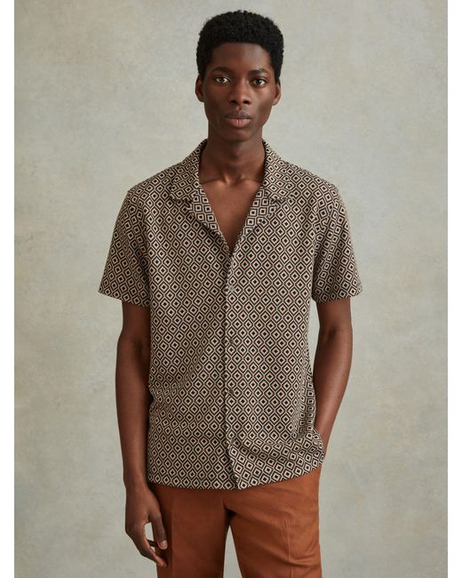 Reiss Brown Grove Geometric Jacquard Cuban Shirt for men