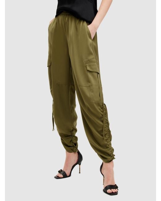 AllSaints Green Kaye Loose Fit Satin Cargo Trousers