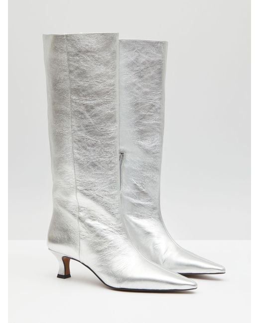 Hush White Camila Leather Kitten Heel Knee Boots