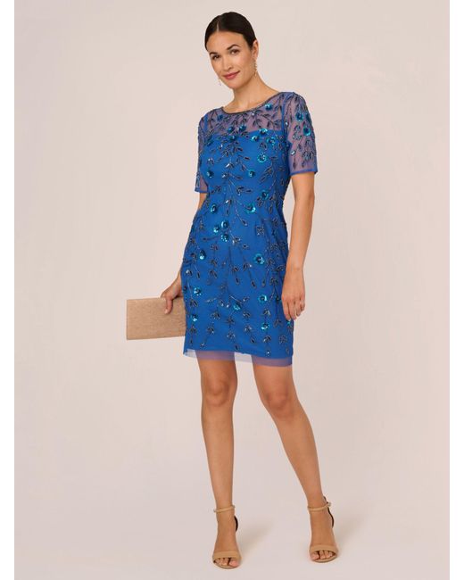 Adrianna Papell Blue Beaded Floral Short Dress