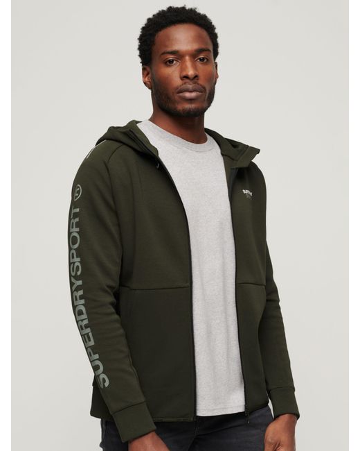 Superdry Green Classic Embroidered Logo Sport Tech Loose Zip Hoodie for men