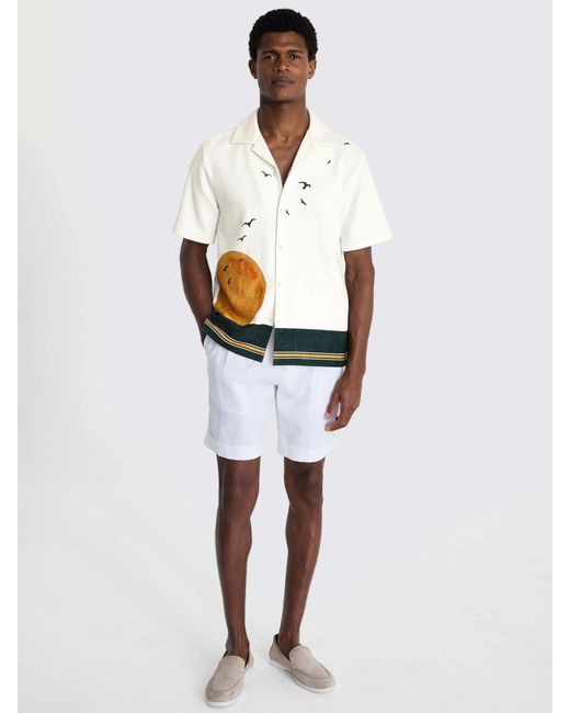 Moss Bros White Sun Print Cuban Collar Shirt for men