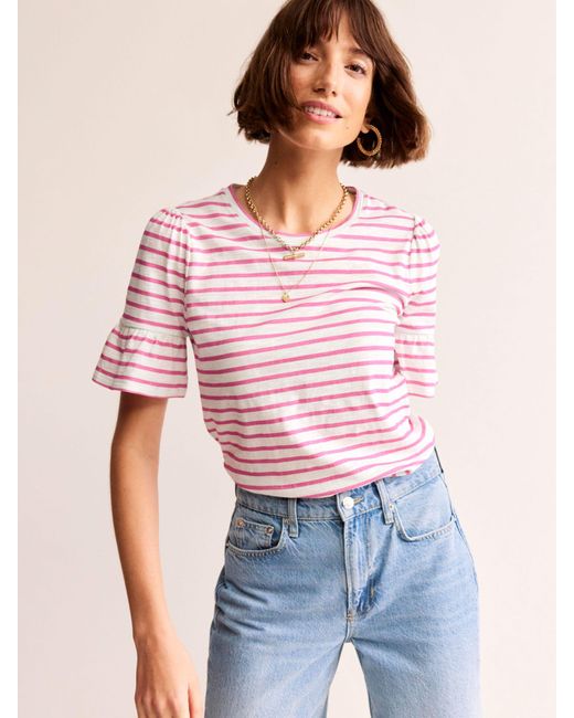 Boden Pink Frill Sleeve Striped T-shirt