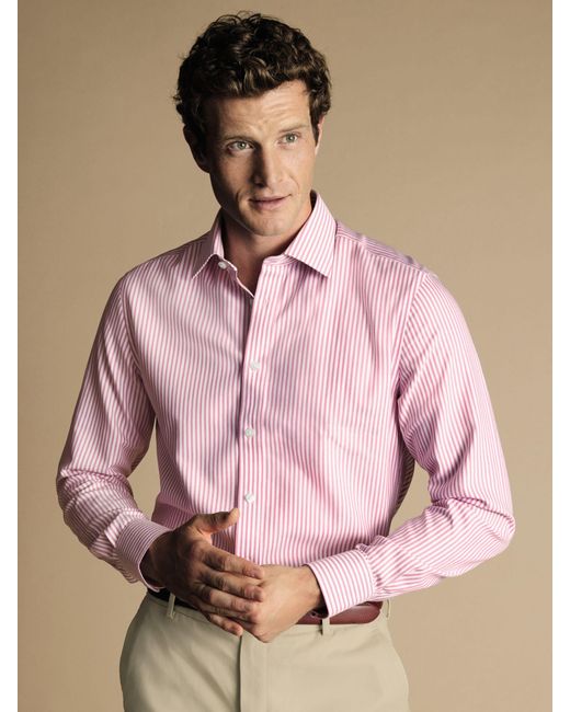 Charles Tyrwhitt Pink Non-iron Stripe Royal Oxford Shirt for men