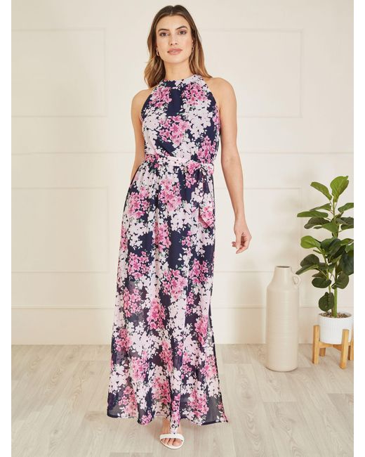 Yumi' Pink Blossom Print Halterneck Maxi Dress