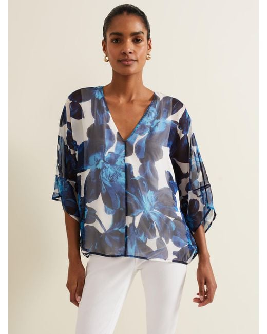 Phase Eight Blue Syra Floral Silk Blouse