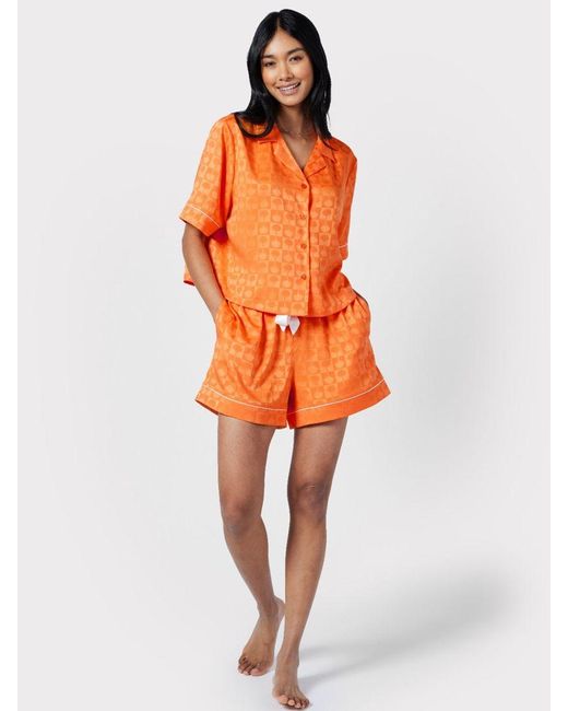 Chelsea Peers Orange Satin Jacquard Palm Short Pyjamas