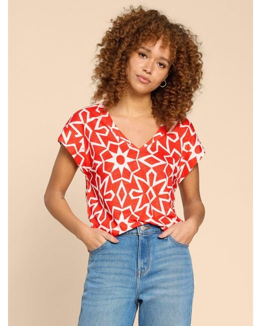 White Stuff Red Ivy Abstract Print Linen T-shirt