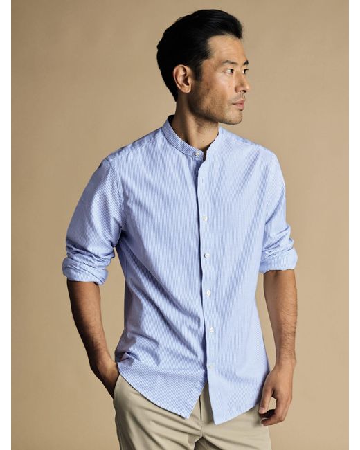 Charles Tyrwhitt Blue Striped Slim Fit Collarless Oxford Shirt for men