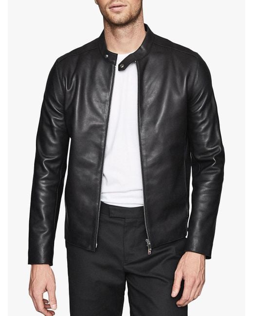 Reiss Black Keith - Leather Cafe Racer Jacket for men