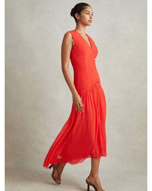 Reiss Red Saffy Ruched Midi Dress