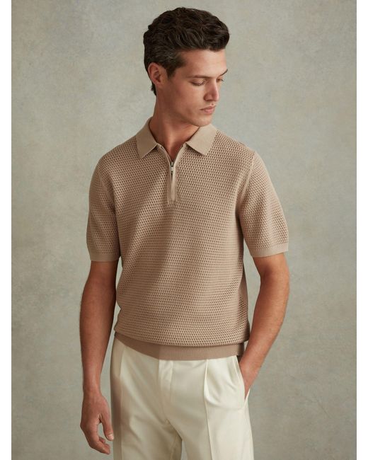Reiss Brown Burnham Textured Zip Neck Polo Shirt for men