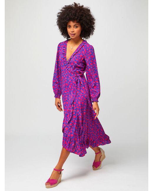 Aspiga Purple Demi Floral Print Ruffle Detail Midi Wrap Dress