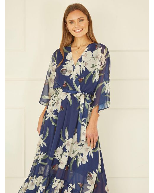 Yumi' Blue Kimono Floral Print Midi Dress