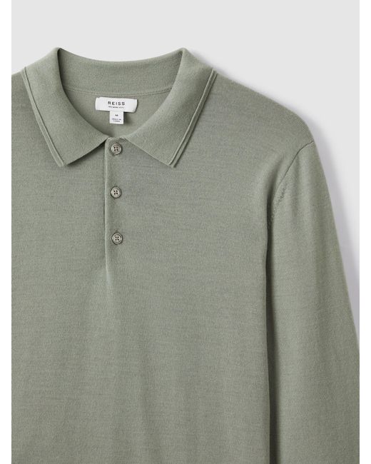 Reiss Gray Trafford Long Sleeve Merino Button Polo Shirt for men