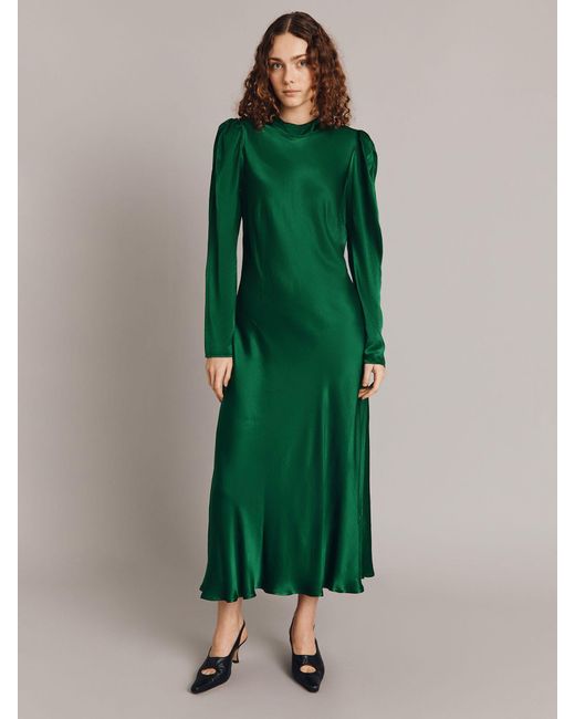 Ghost Green Harper Puff Sleeve Satin Midi Dress