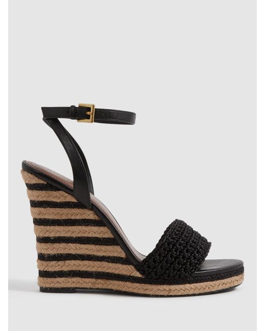 Reiss Black Selene Crochet Strap Stripe Wedge Heel Sandals