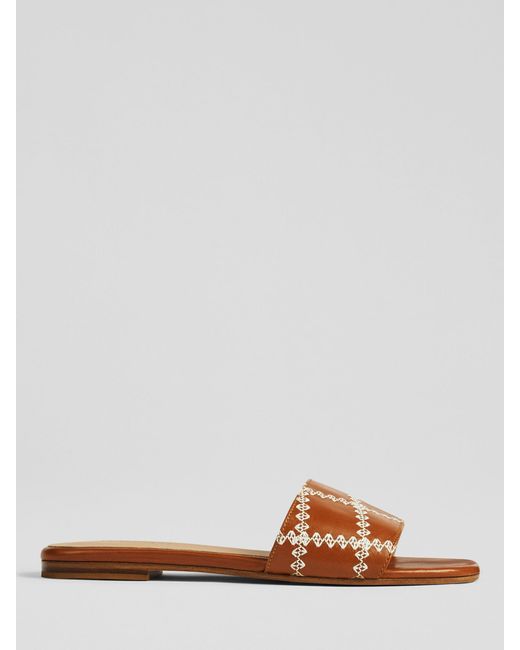 L.K.Bennett Brown Hema Stitch Detail Leather Slider Sandals
