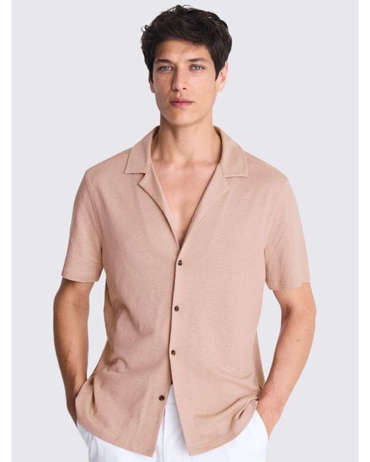 Moss Bros Pink Linen Blend Knitted Cuban Collar Shirt for men