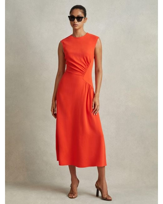 Reiss Red Stacey - Orange Ruched Midi Dress