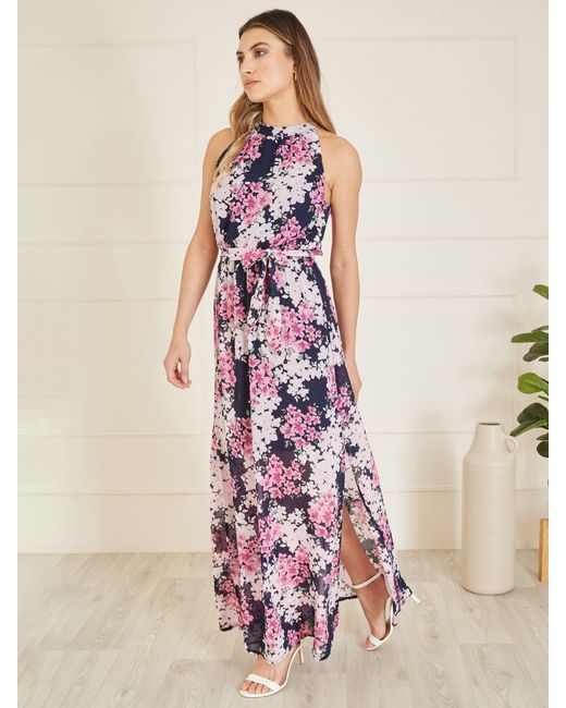 Yumi' Pink Blossom Print Halterneck Maxi Dress