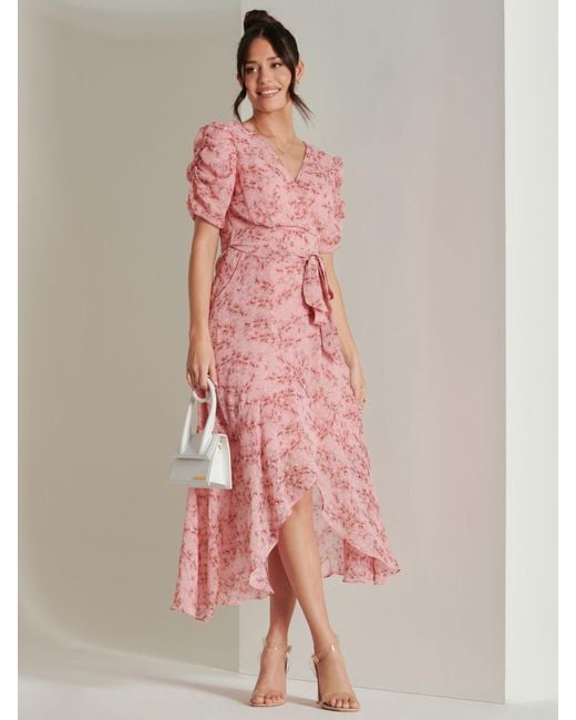 Jolie Moi Pink Floral Metallic Chiffon Dress