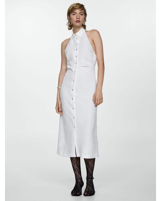 Mango White Belen Midi Linen Shirt Dress