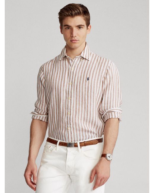 Ralph Lauren Natural Stripe Linen Long Sleeve Shirt for men