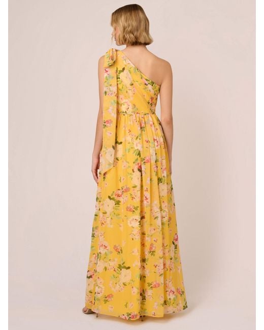 Adrianna Papell Yellow One Shoulder Floral Chiffon Maxi Dress