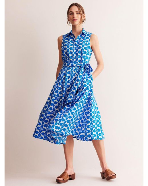 Boden Blue Amy Floral Tile Print Sleeveless Midi Shirt Dress