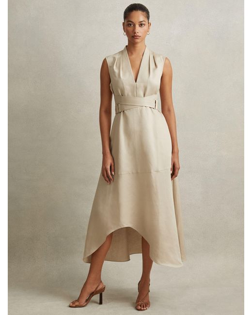 Reiss Natural Ava Asymmetrical Hem Linen Blend Midi Dress