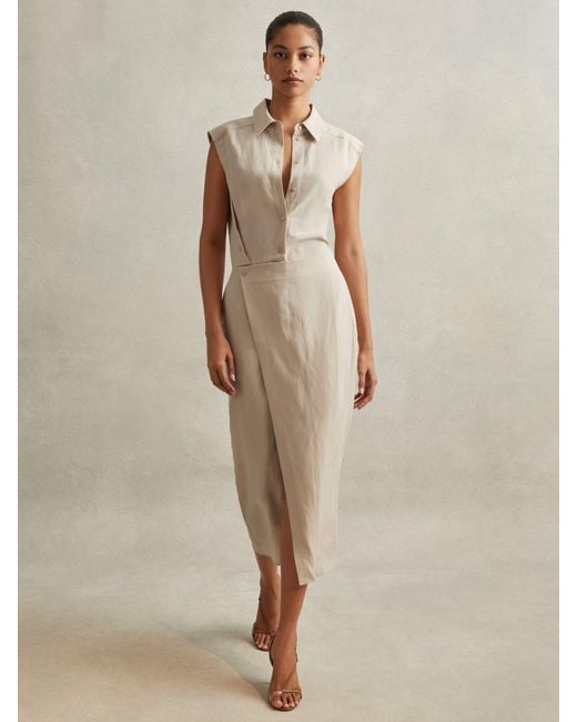 Reiss Natural Yasmin Linen Blend Wrap Front Midi Dress
