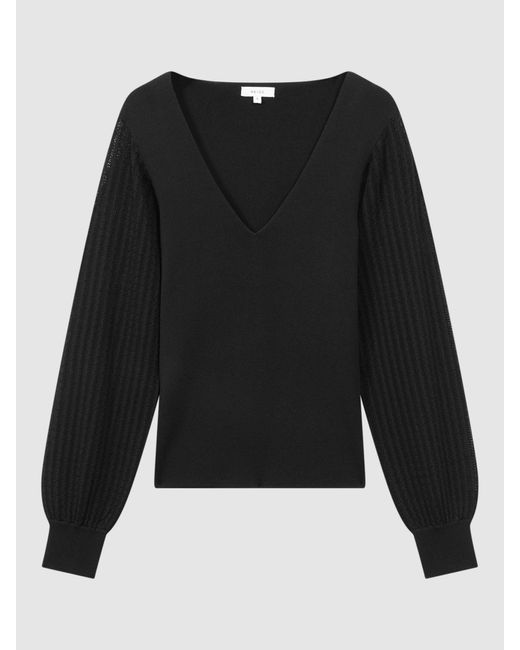 Reiss Lexi - Black Knitted Sleeve V-neck Top