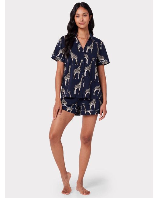 Chelsea Peers Blue Organic Cotton Blend Giraffe Print Shorts Pyjama Set