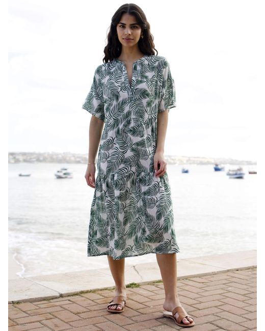 Yumi' Blue Organic Cotton Leaf Print Tiered Tunic Midi Dress