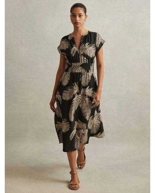 Reiss Natural Colby Tropical Print Elasticated Waist Midi Dress