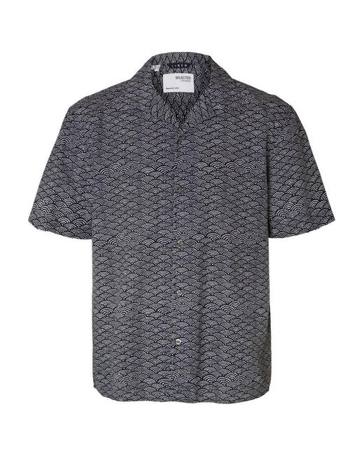 SELECTED Gray Wave Print Linen Cotton Blend Short Sleeve Shirt for men