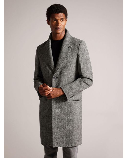 Ted Baker Gray Raywood British Wool Herringbone Overcoat for men
