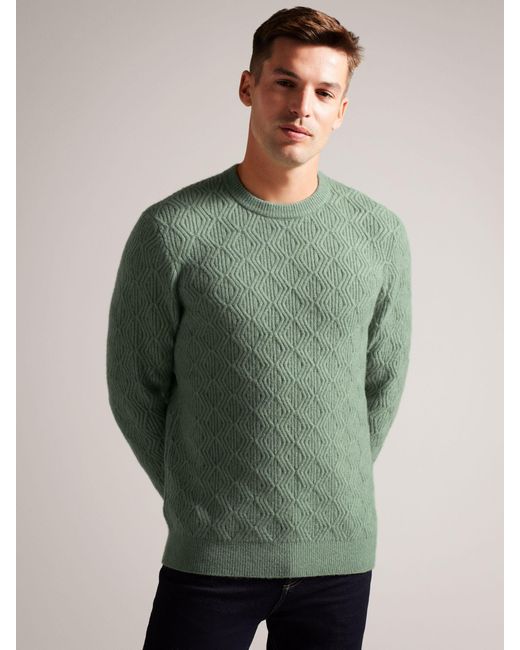 Ted Baker Green Atchet Long Sleeve Textured Cable Crew Neck Jumper for men