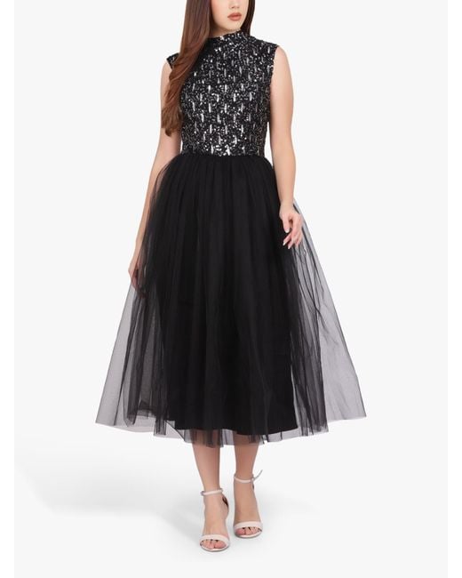 LACE & BEADS Black Nanta Embellished Midi Dress