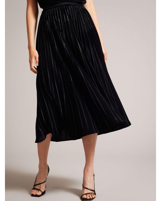 Ted Baker Black Gjill Pleated Velvet Midi Skirt