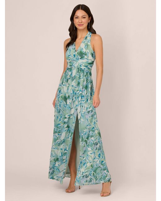 Adrianna Papell Blue Chiffon Leaf Maxi Dress