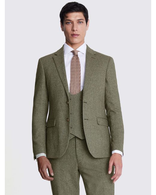 Moss Bros Green Slim Fit Herringbone Tweed Jacket for men